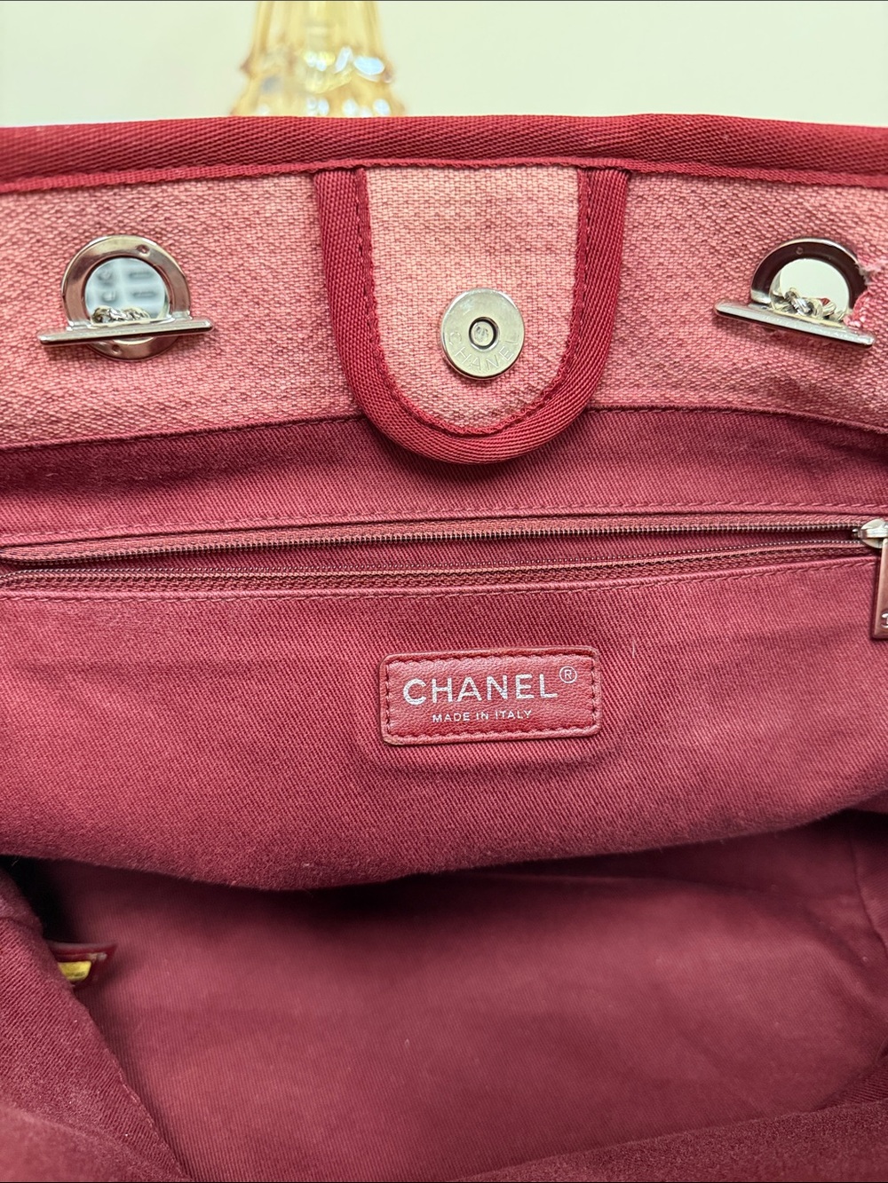 CHANEL Pink Canvas Tote with Burgundy Trim and Chain Handles - Picture 8 of 15